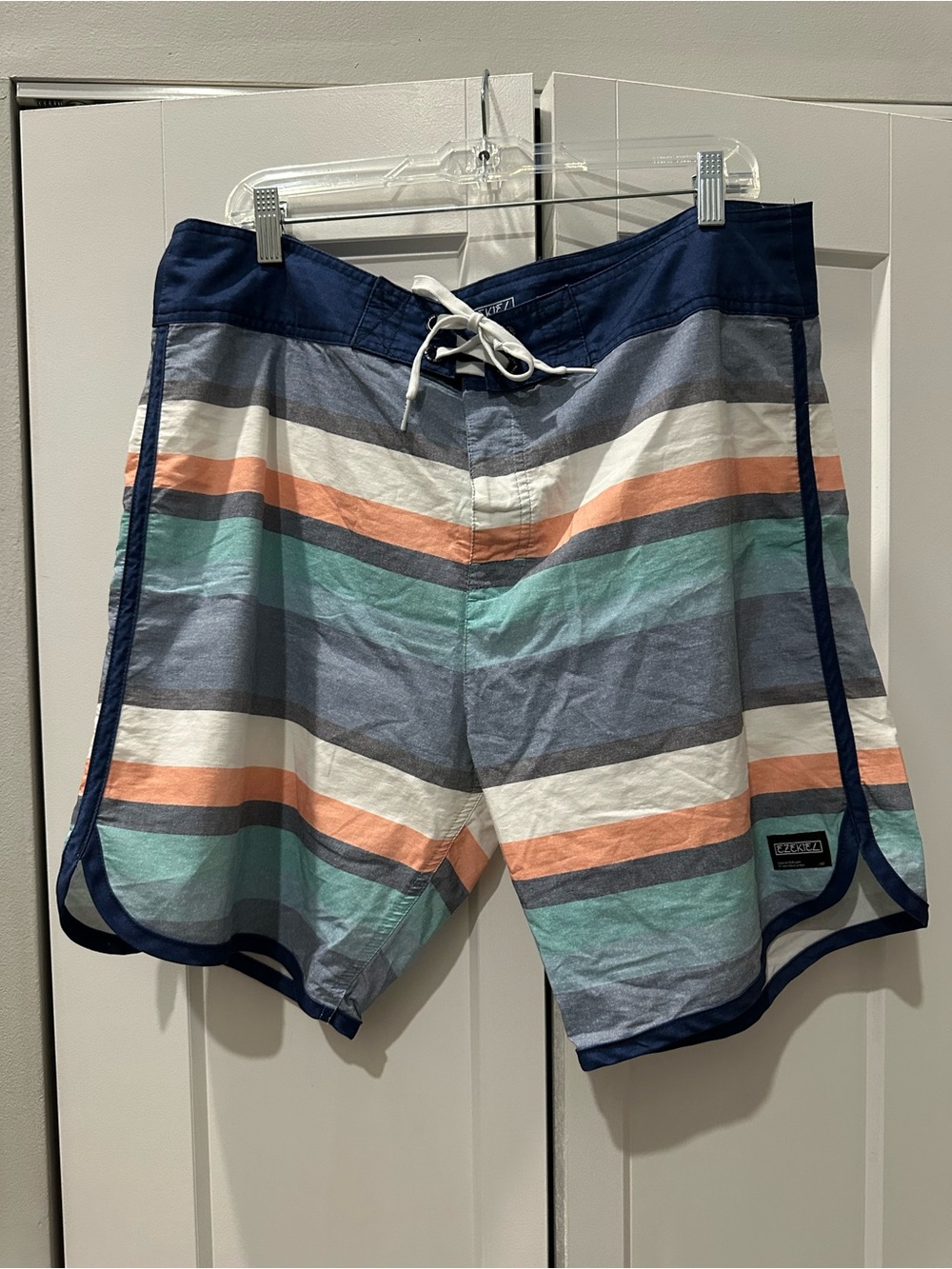 Men's Ezekiel Striped Swim Trunks - Navy, Teal & Coral